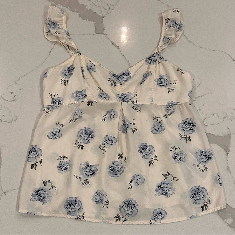 Abercrombie & Fitch Blue White Floral Smocked Babydoll Top L Bella Elena Y2K